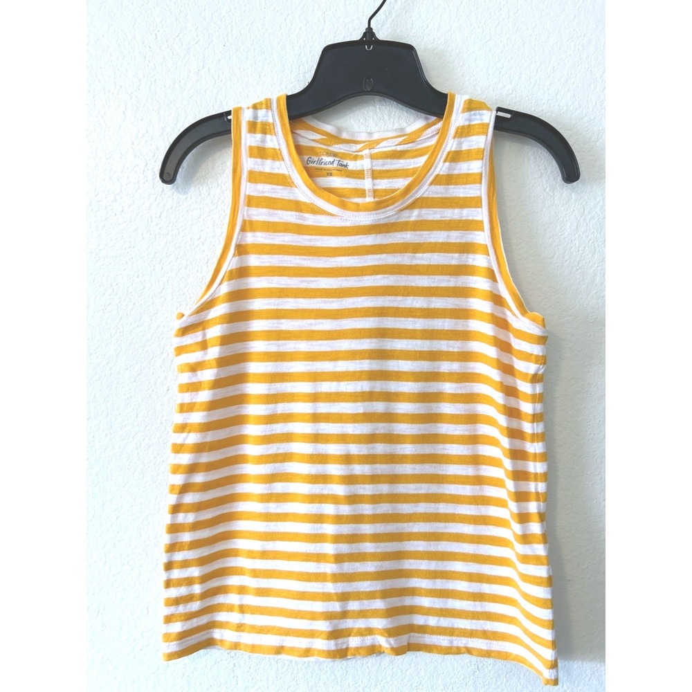 J.Crew Girlfriend Tank Top XS Yellow White Striped Cotton Sleeveless Crew Neck